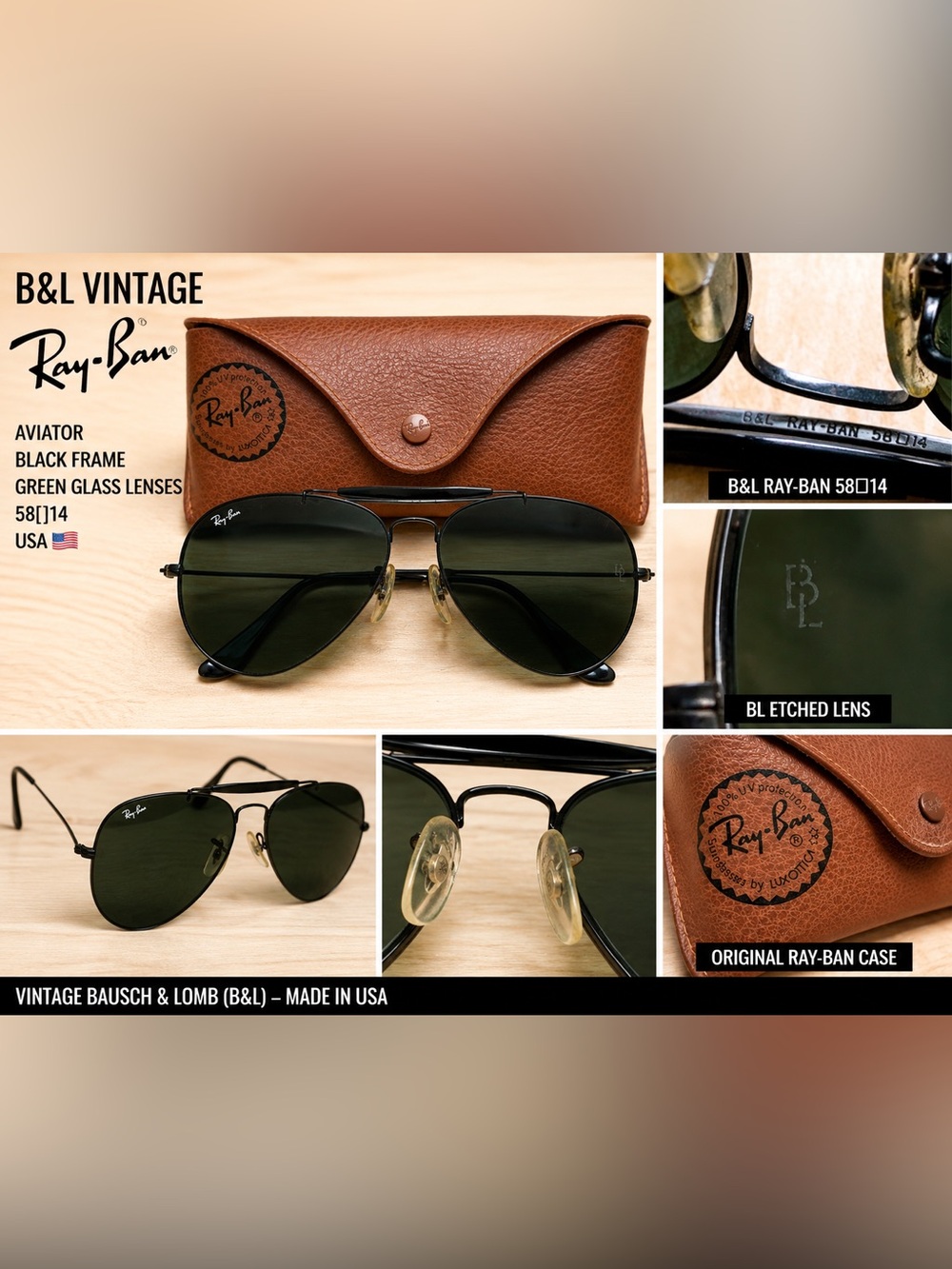 Vintage B&L Ray-Ban Aviator Sunglasses Black Frame Green Glass Lenses 58[]14 USA